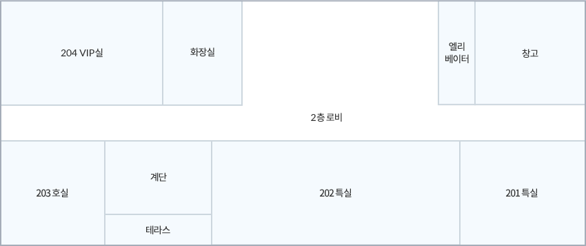 위쪽에서 아래쪽순으로, 왼쪽에서 오른쪽순으로 204vip실, 화장실, 엘리베이터, 창고, 203호실 계단/테라스, 202특실, 201특실이 있다.