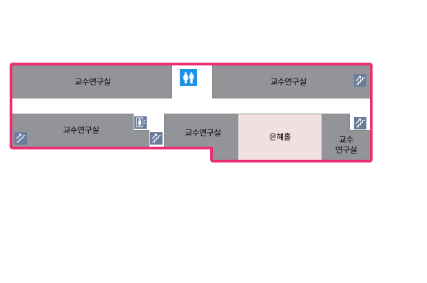 건물을 중심으로 북쪽 좌우측에 교수연구실이 있으며 맞은편에도 교수연구실이 있습니다. 우측 교수연구실 사이에 소강당이 있습니다. 건물의 가장 우측 북쪽에 계단이 있으며 북쪽 중앙에 화장실이 있습니다. 남쪽 좌측 교수연구실 사이에 계단과 엘리베이터가 있으며 가장 좌측 남쪽에 계단이 있습니다.
