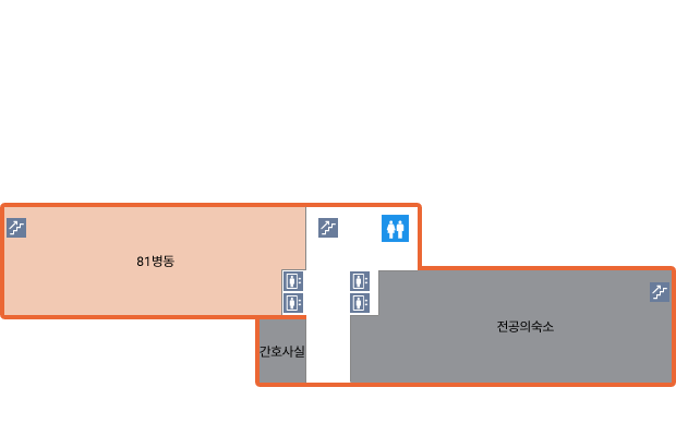 건물 중심으로부터 좌측과 우측에는 전공의숙소가 있습니다. 건물의 우측에는 계단이 있으며, 건물중앙에는 엘리베이터, 계단, 화장실이 있습니다.