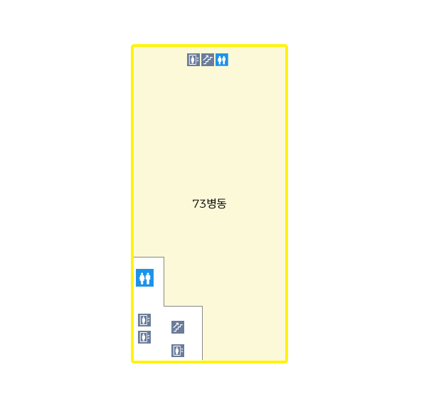 건물을 중심으로 북쪽에는 엘리베이터, 계단, 화장실이 있으며, 남쪽에는 화장실, 엘리베이터, 계단이 있습니다. 7층에는 73병동이 있습니다.