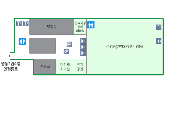 건물을 중심으로 북쪽 좌측에는 당직실과 권역외상센터회의실이 있으며 그 맞은 편에는 휴게공간, 다학제회의실, 전산실이 있습니다. 건물의 우측에는 권역외상센터 병동이 있습니다. 건물의 중앙에는 계단과 엘리베이터가 있으며 건물의 좌측에는 엘리베이터와 화장실이 있으며, 가장 우측에는 계단과 엘리베이터가 있습니다.