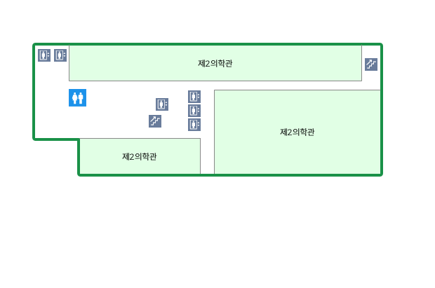 건물을 중심으로 북쪽과 남쪽 좌우측에 제2의학관이 있습니다. 건물의 중앙에는 계단과 엘리베이터가 있으며 건물의 좌측에는 엘리베이터와 화장실이 있으며, 가장 우측에는 계단이 있습니다.