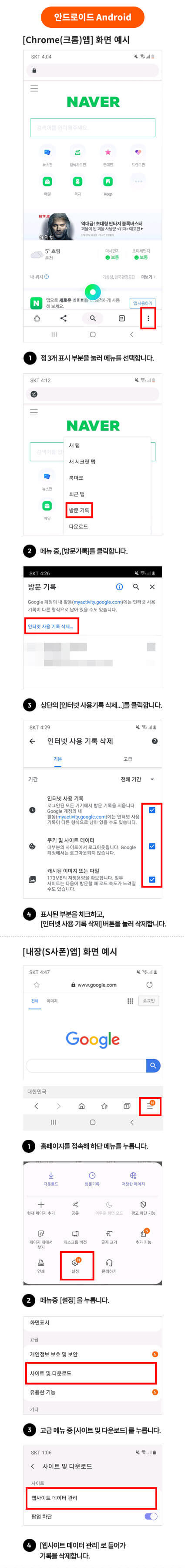 안드로이드 방문기록 삭제 방법 - 1번 점3개 표시 부분을 선택해 메뉴를 선택 2번 메뉴중 방문기록을 선택 3번 상단의 인터넷 사용기록삭제를 클릭한후 4번 인터넷사용기록을 및 쿠키 및 사이트 데이터를 선택해 인터넷 사용 기록삭제버튼을 눌러 삭제합니다.